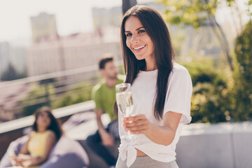 Wall Mural - Portrait of adorable person give glass champagne have good mood business event meeting restaurant outdoors