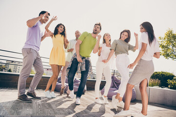 Poster - Photo of chilling pretty girls handsome guys have fun dancing party on roof terrace outside