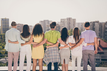 Sticker - Photo of cool pretty girls handsome guys standing hugging have fun party on roof terrace outside