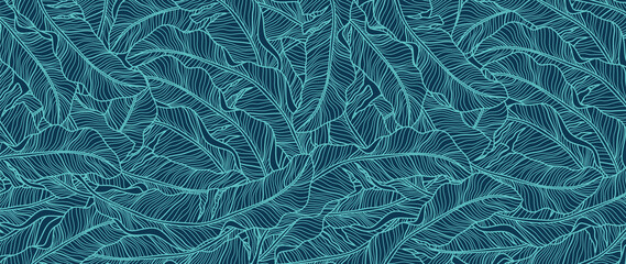 tropical leaf wallpaper, luxury nature leaves pattern design, blue banana leaf line arts, hand drawn