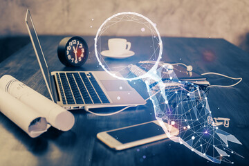 Aufkleber - Desktop computer background in office and start up theme hologram drawing. Double exposure. Startup concept.