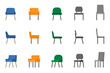Isolated modern soft fabric office arm chair vector illustration icon set. Front, side view colored seat on white