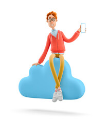 3d illustration. nerd larry sits on big cloud sign. concept mobile application and cloud services.