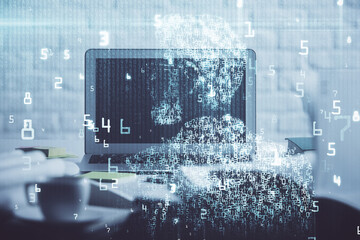 multi exposure of desktop computer and technology theme hologram. concept of software development.