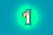 © Dancing Man - Silver metallic font with yellow outline and green noisy backlight - number 1 isolated on teal background, 3D illustration of symbols