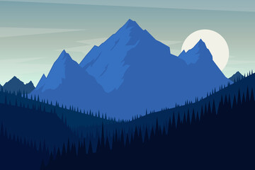 Wall Mural - Illustration of landscape with mountains in flat style. Design element for poster, card, banner, flyer. Vector illustration. Vector illustration