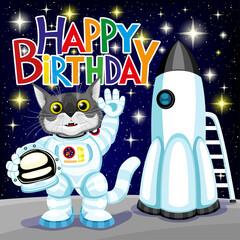 Wall Mural - Cute cat in astronaut costume with space rocket and birthday greetings on the starry sky.