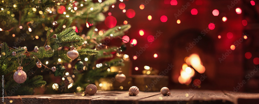 Christmas Tree With Decorations Near A Fireplace - obrazy, fototapety, plakaty 