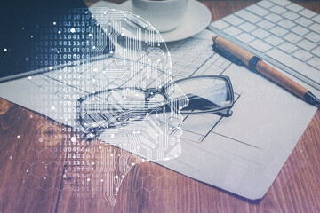 Poster - Brain drawings with glasses on the table background. Double exposure.