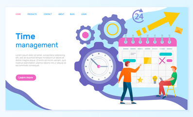 Poster - Time management landing page template. Concept planning, time organization of working day. Businessmen making a schedule, sitting with laptop near big calendar. Planning diary for productive work