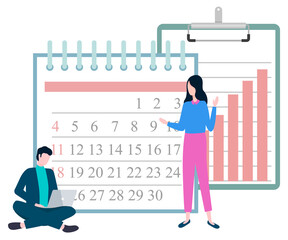 Poster - people working online using laptop vector, man and woman with calendar and infocharts on clipboard. 