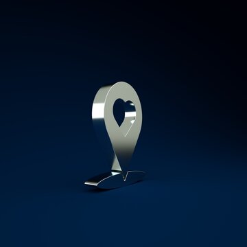 Silver Map pointer with heart icon isolated on blue background. Valentines day. Love location. Romantic map pin. Minimalism concept. 3d illustration 3D render.