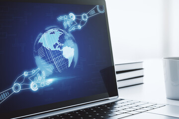 Aufkleber - Creative abstract robotics technology hologram with globe on modern computer monitor, artificial intelligence and machine learning concept. 3D Rendering