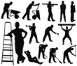 Set of silhouettes of worker isolated on white background. Icons of man working with different instruments and tools.
