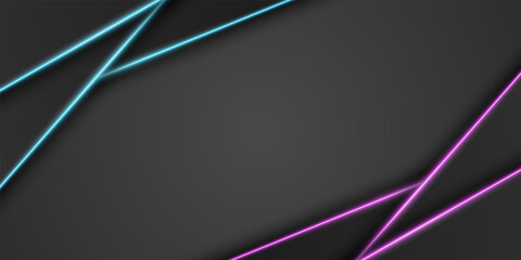 Wall Mural - abstract metallic black frame background, triangular overlap layer with bright neon blue and purple 
