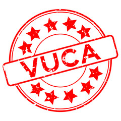 Poster - Grunge red vuca (abbreviation of Volatility, uncertainty, complexity and ambiguity) word with star icon round rubber seal stamp on white background