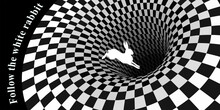 White Rabbit Runs And Falls Into A Hole. Surreal Chess Background And Lettering  Follow The White Rabbit.