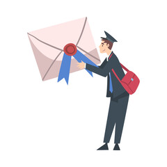 Poster - Tiny Postman Holding Huge Envelope, Postal Service, Correspondence Cartoon Style Vector Illustration