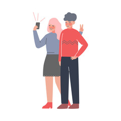 Sticker - Young Couple Taking Selfie with Smartphone, Friends Spending Time Together Cartoon Style Vector Illustration