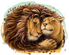 Leos. A Lion Embraces A Lioness. Color, Digital Portrait Of Lions In Love In Watercolor Style On A White Background. Digital Vector Graphics. Separate Layer