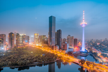 High angle night view of CBD in Shenyang, Liaoning, China