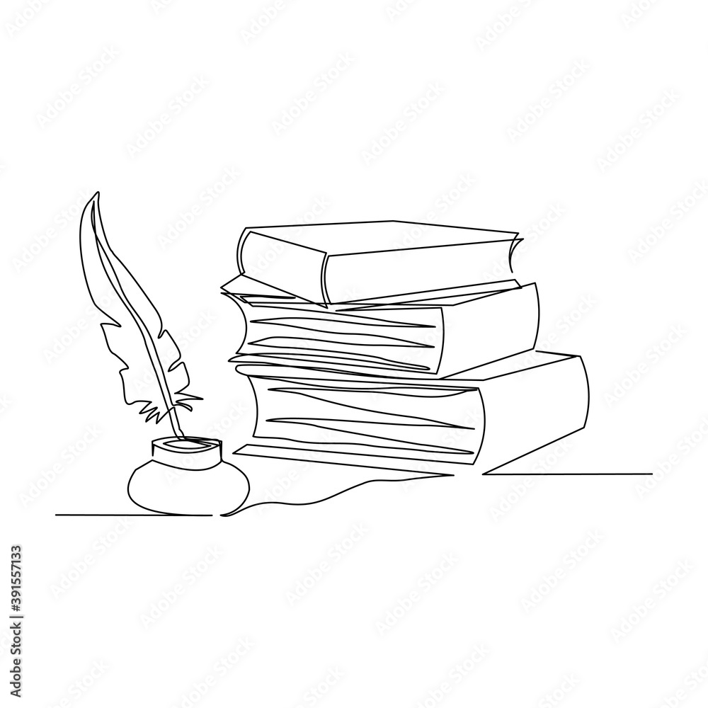 Continuous line drawing of quill pen ink and stack of book. One line art  concept of vintage brush pen signature and lettering. Vector illustration  Stock Vector | Adobe Stock, image size:1000x1000