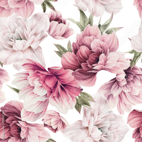 Fototapeta na wymiar Seamless floral pattern with peony flowers on summer background, watercolor illustration. Template design for textiles, interior, clothes, wallpaper