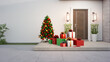 © MIRROR IMAGE STUDIO - New house with wooden door and empty white wall. 3d rendering of Christmas tree near gift boxes on large patio in modern home.