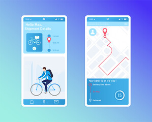 Aufkleber - Mobile app design for delivery tracking service. Interface elements, icons and symbols. Courier on bicycle delivering order. Online Delivery concept. UI and UX. Flat cartoon vector illustration.