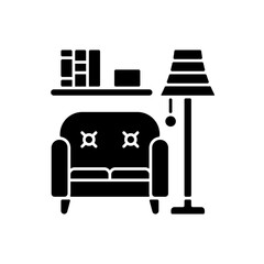 Poster - Living room furniture black glyph icon. Home furnishings. Sofas and couches. Creating stylish space. Floor lamps. Shelves with books. Silhouette symbol on white space. Vector isolated illustration