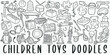 © josepperianes - Children Toys doodle icon set. Kids Life Style Vector illustration collection. Banner Hand drawn Line art style.