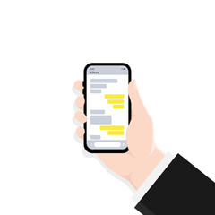 Poster - Hand holding smartphone with dialog window illustration. Message window. Mobile phone live chat. Dialogues mockup. Vector EPS 10. Isolated on white background