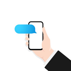 Poster - Hand holding smartphone with dialog window illustration. Blank message. Bubble speech. Dialogues mockup. Vector EPS 10. Isolated on white background