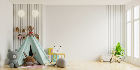 Children's playroom with tent and table sitting white wall,doll.