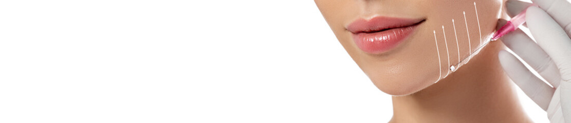 Threadlifting on beautiful female face close up. Procedure mesothreads lifting skin isolated on white. Web banner