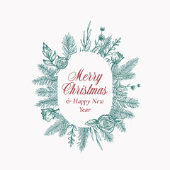 Canvas Print - Merry Christmas Abstract Botanical Logo or Card with Oval Frame Banner and Modern Typography. Hand Drawn Spruce or Pine Branches and Flowers. Pastel Colors Greeting Layout. Isolated