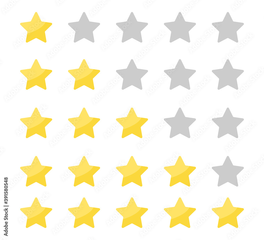 Yellow stars rating on white background. Feedback evaluation in flat design. Rank quality. Review stars symbol. Isolated top rate concept. Review rate icons on white background. Vector EPS 10. - obrazy, fototapety, plakaty 