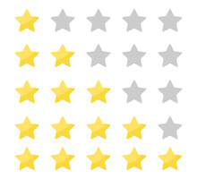 Yellow Stars Rating On White Background. Feedback Evaluation In Flat Design. Rank Quality. Review Stars Symbol. Isolated Top Rate Concept. Review Rate Icons On White Background. Vector EPS 10.