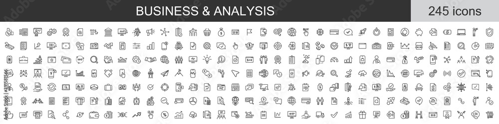 Big set of 245 Business and Analysis icons. Thin line icons collection. Vector illustration - obrazy, fototapety, plakaty 