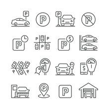 Parking Related Icons: Thin Vector Icon Set, Black And White Kit