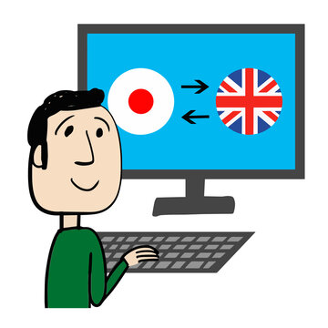 Japanese-English translator working with a computer at home office.