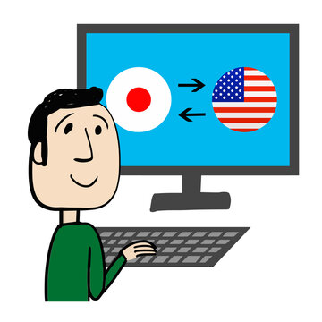 Japanese-English translator working with a computer at home office.