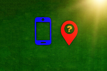 Fototapete - The phone is blue, the geolocation sign is red, and the question mark is yellow on a green background. Location detection technologies.