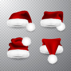 Wall Mural - Realistic Red Santa Claus hat isolated on gray transparent background. Gradient mesh Santa Claus cap with fur. Vector illustration