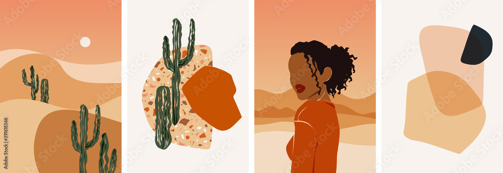 Collection of contemporary abstract art posters. Paper cut male & female, abstract & floral collages, landscape scenes. Design for social media, wallpapers, postcards, prints, romance. - obrazy, fototapety, plakaty 
