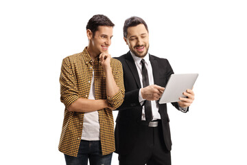 Wall Mural - Businessman showing a tablet to a smiling young man