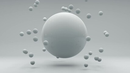 Poster - Abstract 3D animation of a white sphere from which small balls are born and fly apart. animation with the ability of continuous playback.