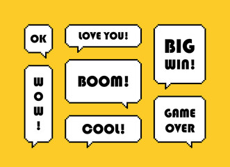 Fototapete - Set different pixel speech bubble with text expression isolated on yellow background. Geometric texting dialogue boxes. Modern vector illustration