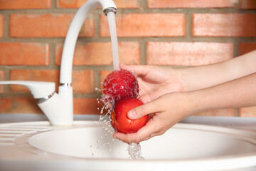 Wall Mural - Woman washing fresh nectarines in kitchen sink, closeup