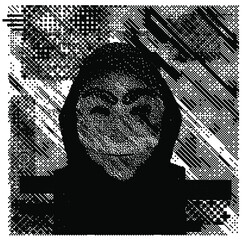 Poster - Computer hacker in hoodie and mask. Human head with pixelated face. Data thief, internet fraud, anonymous vector concept.